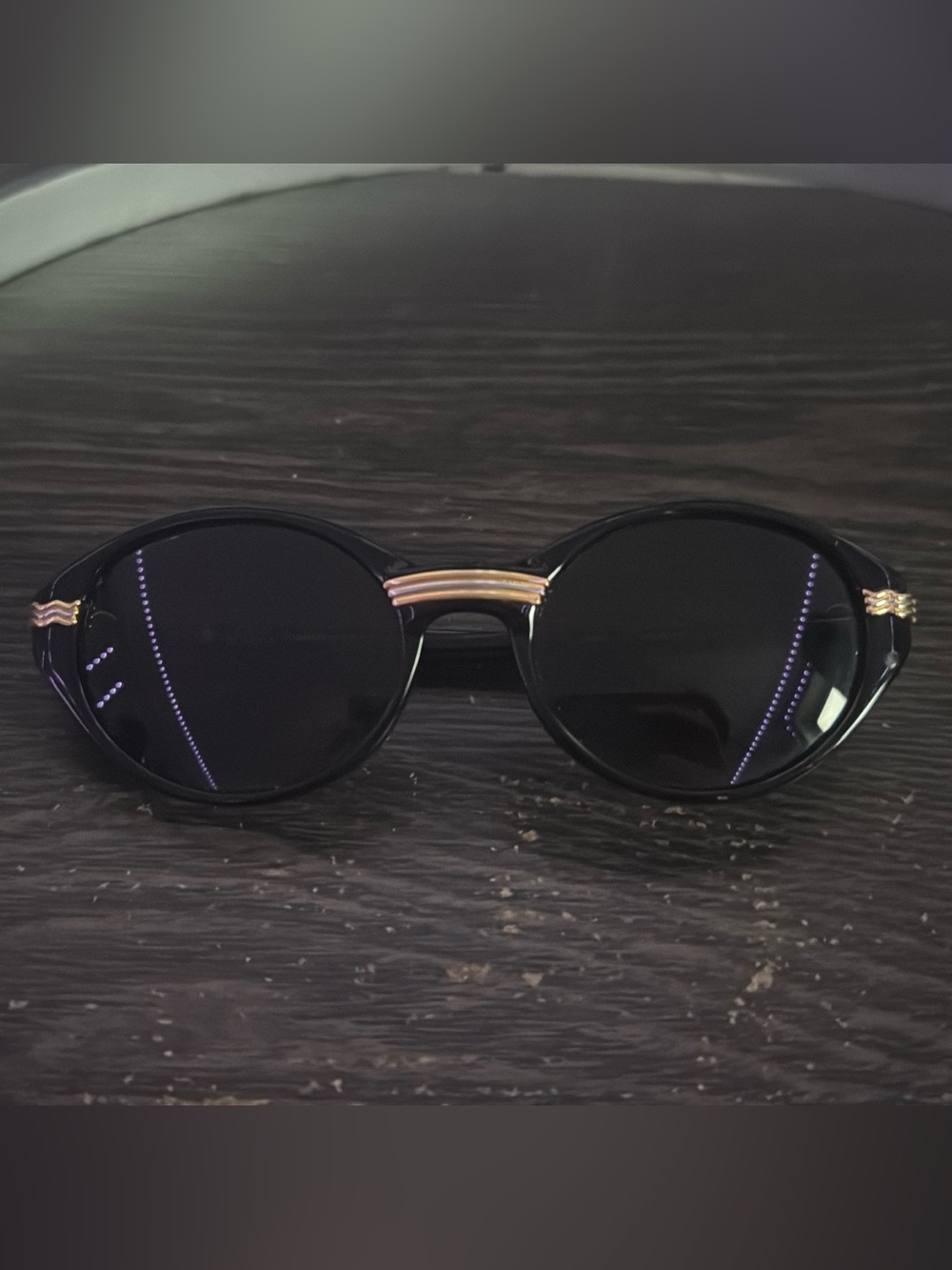 Black Round Sunglasses with Gold Accent Bridge